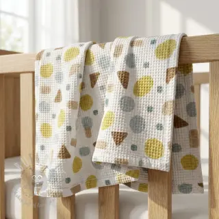 Bomull med vaffelbindning Shapes yellow digital print
