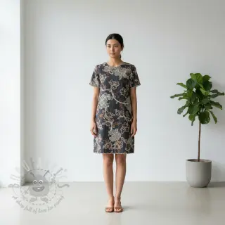 Bomullstyg JEANS Embroidery leaves black
