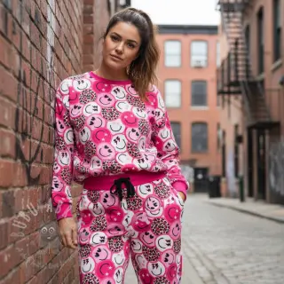 Sweatshirttyg Happy faces pink digital print