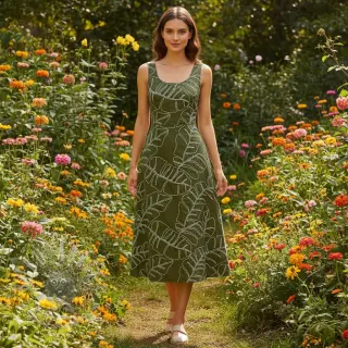Viskos med lin EMBROIDERY Leaves forest green