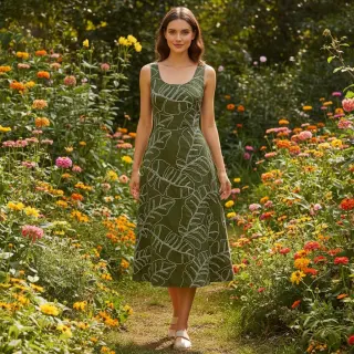 Viskóza s ľanom EMBROIDERY Leaves forest green