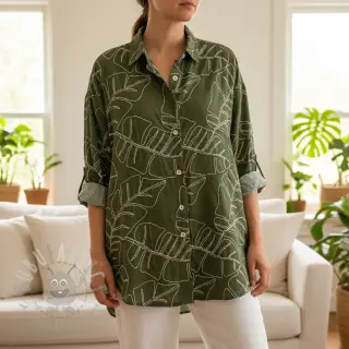 Viskos med lin EMBROIDERY Leaves forest green