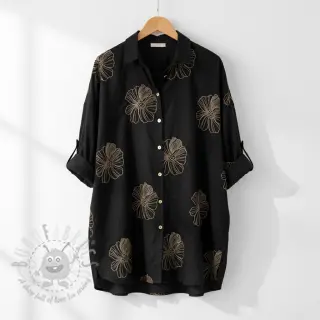 Viskos med lin EMBROIDERY Flower Maya black