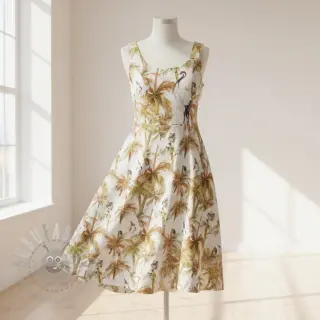 Viskos med lin Crane bird design Och digital print