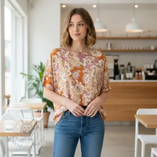 Viskos SATIN Flowie Noe orange digital print