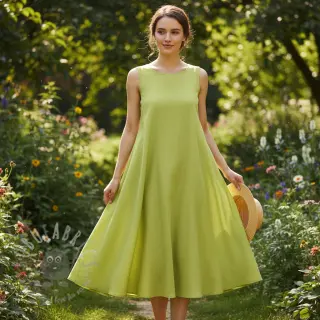 Lin med bomull Fishbone bright green