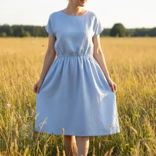Lin med bomull Fishbone light blue