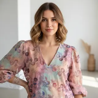 Bomullstyg TIE DYE EMBROIDERY Poppy design R