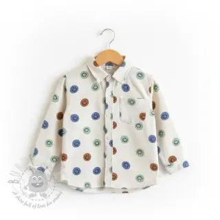 Bomullstyg FLANNEL Happy faces off white green