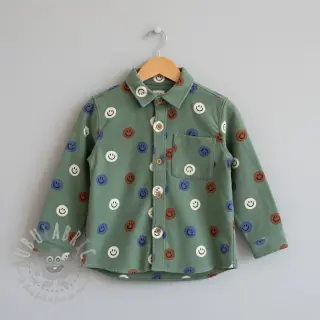 Bomullstyg FLANNEL Happy faces army green