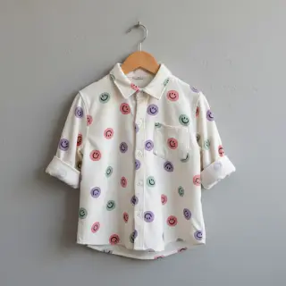 Bavlnená látka FLANNEL Happy faces off white lilac