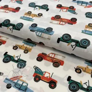Bomullstyg Cars white digital print