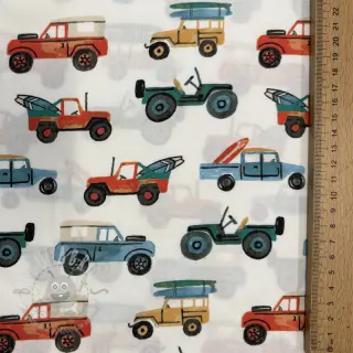 Bomullstyg Cars white digital print