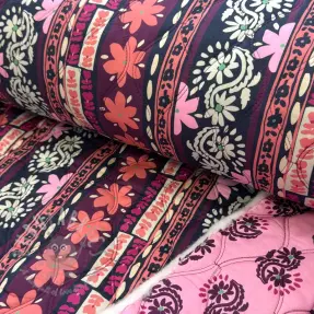 Bomullstyg VOILE STEPPED Daria flower aubergine digital print