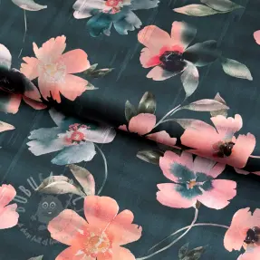 Bomullstyg SATIN Penny flower petrol digital print