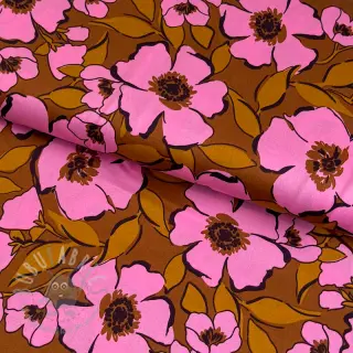 Bomullstyg SATIN Flower Kala caramel