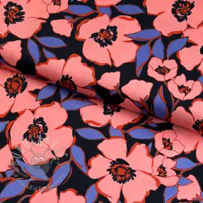 Bomullstyg SATIN Flower Kala navy