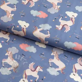 Bomullstyg Unicorns love blue