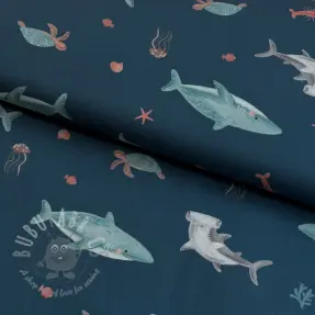 Bomullstyg Sea life petrol digital print