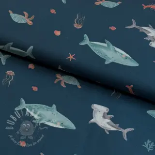 Bomullstyg Sea life petrol digital print