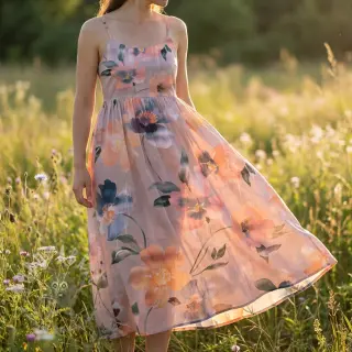 Bomullstyg SATIN Penny flower peach digital print