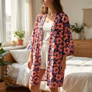 Bomullstyg SATIN Flower Kala navy