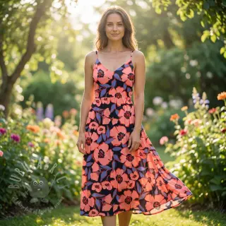 Bomullstyg SATIN Flower Kala navy