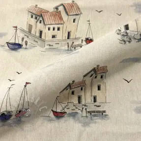 Dekorationstyg Linenlook Seaside House View digital print