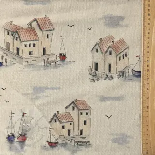 Dekorationstyg Linenlook Seaside House View digital print