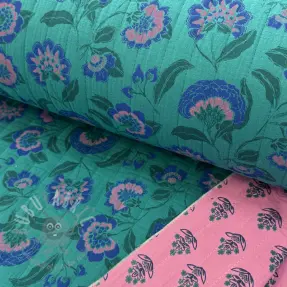 Dubbelgasväv/muslin STEPPED Flowers petrol