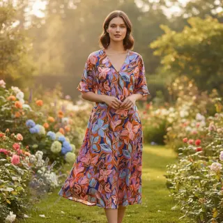 Bomullstyg VISCOSE Flowers dark petrol