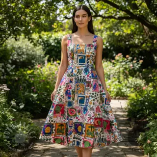 Bomullstyg SATIN Summer patchwork digital print