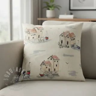 Dekorationstyg Linenlook Seaside House View digital print