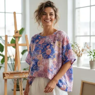 Bomullstyg TIE DYE EMBROIDERY Flora design C
