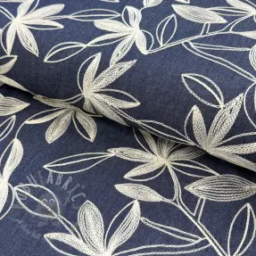 Bomullstyg JEANS Embroidery Flowers white