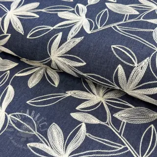 Bomullstyg JEANS Embroidery Flowers white