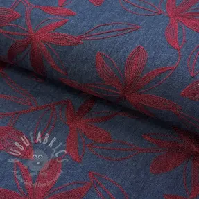 Bomullstyg JEANS Embroidery Flowers burgundy