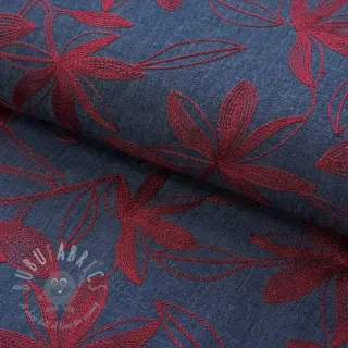 Bomullstyg JEANS Embroidery Flowers burgundy