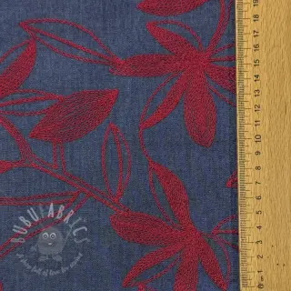 Bomullstyg JEANS Embroidery Flowers burgundy