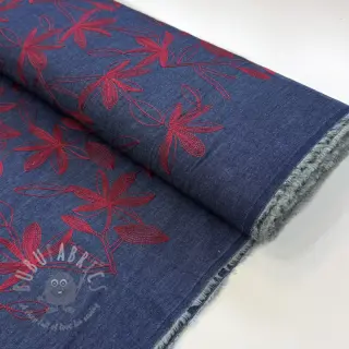 Bomullstyg JEANS Embroidery Flowers burgundy