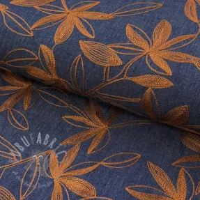 Bomullstyg JEANS Embroidery Flowers camel