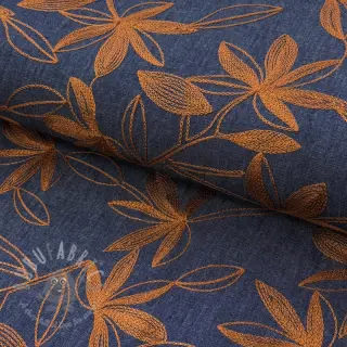 Bomullstyg JEANS Embroidery Flowers camel