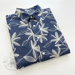 Bomullstyg JEANS Embroidery Flowers white