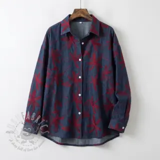 Bomullstyg JEANS Embroidery Flowers burgundy