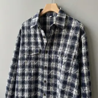 Bavlnená látka YARN DYED BRUSHED Check EMBROIDERY navy