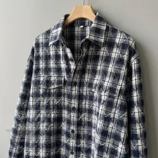 Bomullstyg YARN DYED BRUSHED Check EMBROIDERY navy