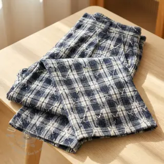 Bomullstyg YARN DYED BRUSHED Check EMBROIDERY navy