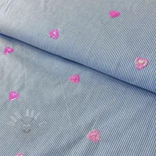 Bomullstyg Stripes Sequins Hearts blue
