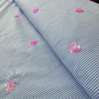 Bomullstyg Stripes Sequins Hearts blue