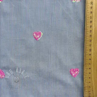 Bomullstyg Stripes Sequins Hearts blue